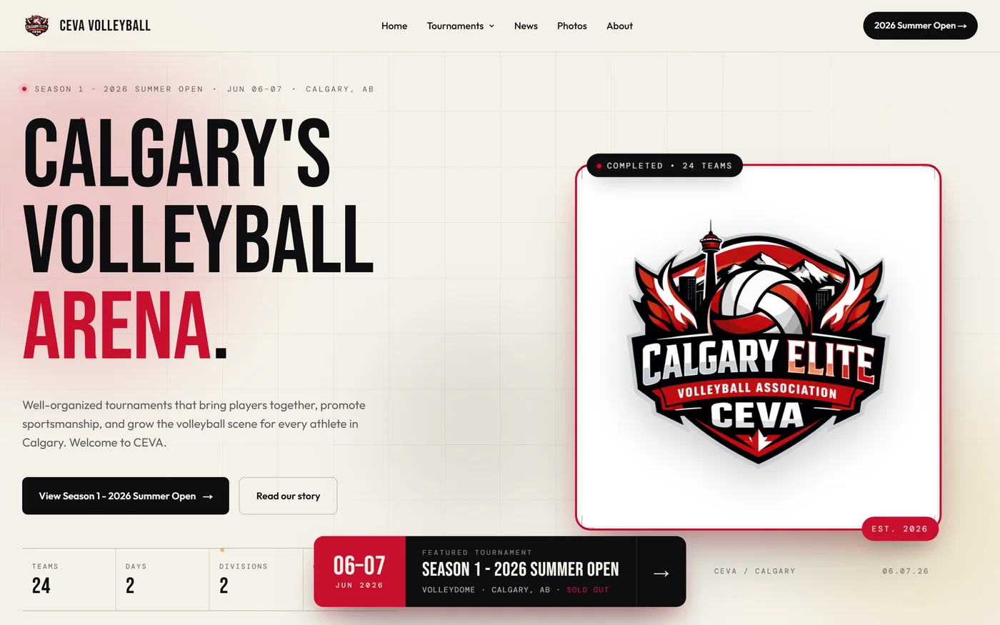 CEVA Volleyball website by VDT Sites, Sports organization in Calgary, AB, shown on a desktop screen