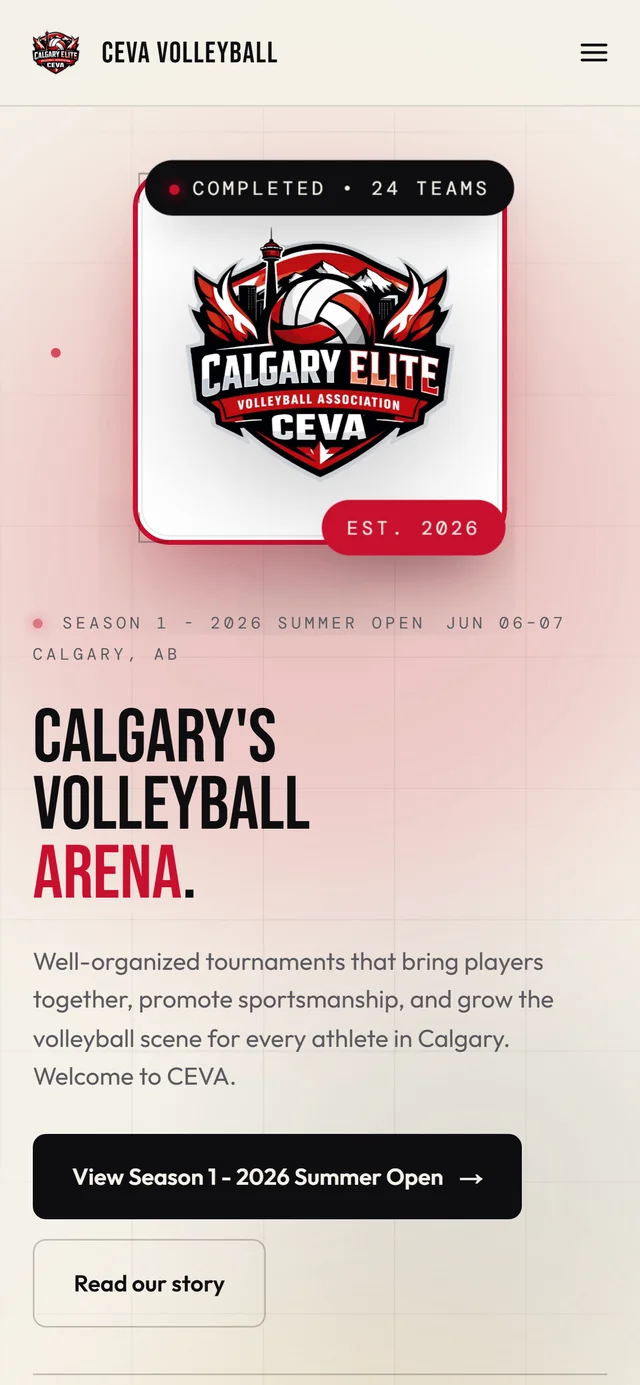 CEVA Volleyball website by VDT Sites, Sports organization in Calgary, AB, shown on a phone