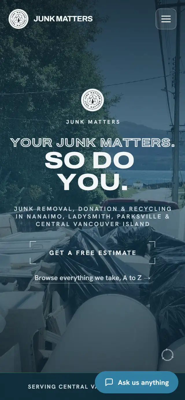 Junk Matters website by VDT Sites, Junk removal in Nanaimo, BC, shown on a phone