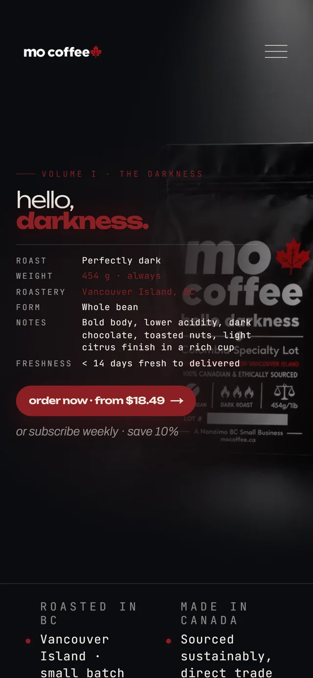MO Coffee website by VDT Sites, Coffee roaster in Nanaimo, BC, shown on a phone
