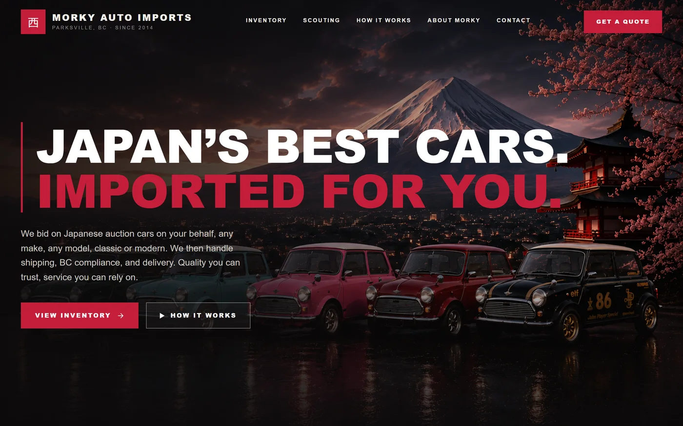 Morky Auto Imports website by VDT Sites, Vehicle imports in Parksville, BC, shown on a desktop screen