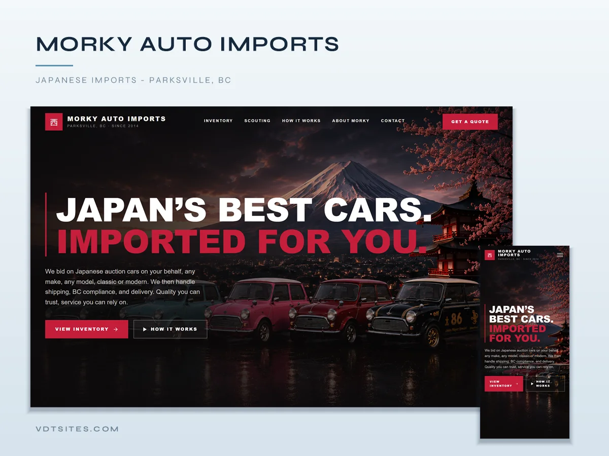 Morky Auto Imports website by VDT Sites, Vehicle imports in Parksville, BC
