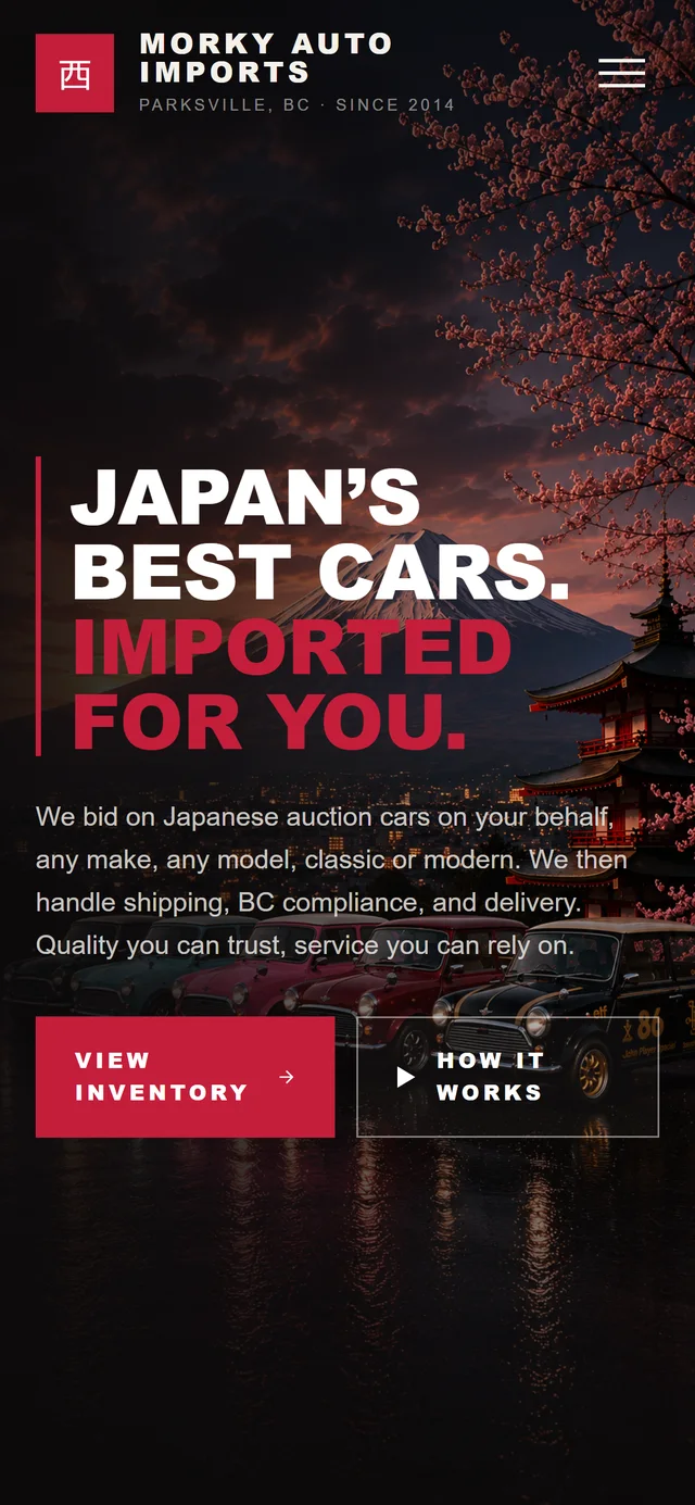 Morky Auto Imports website by VDT Sites, Vehicle imports in Parksville, BC, shown on a phone