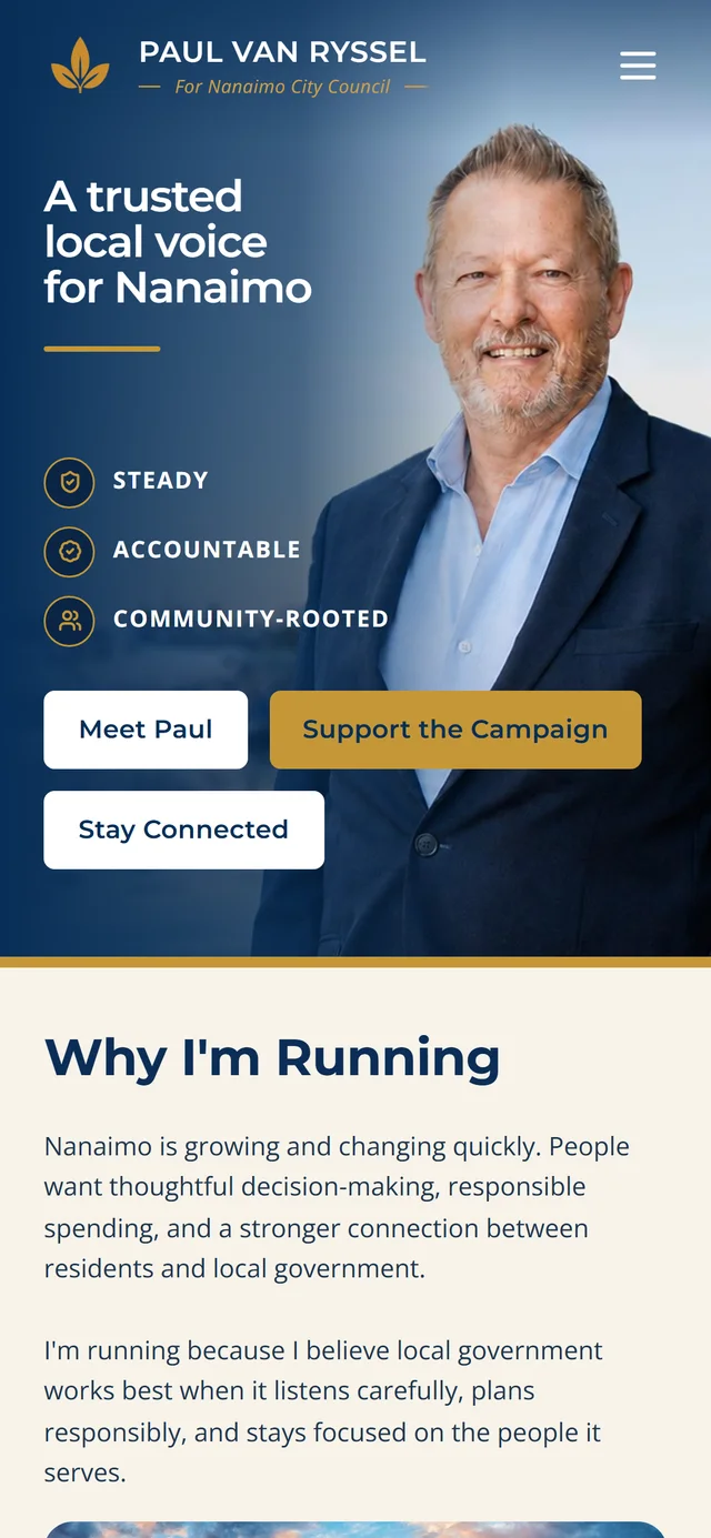 Paul Van Ryssel website by VDT Sites, Campaign website in Nanaimo, BC, shown on a phone