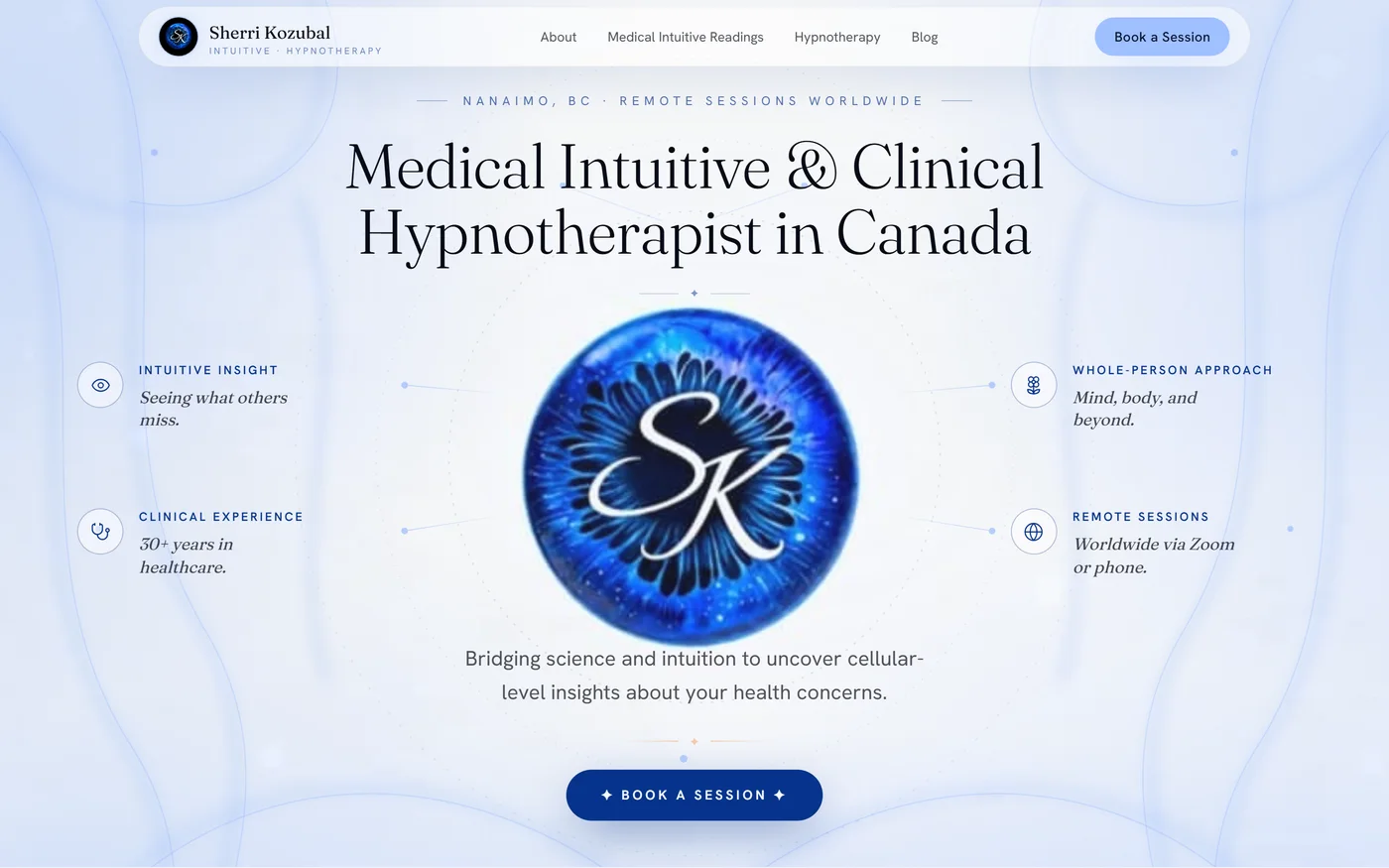 Sherri Kozubal website by VDT Sites, Clinical hypnotherapy in Nanaimo, BC, shown on a desktop screen