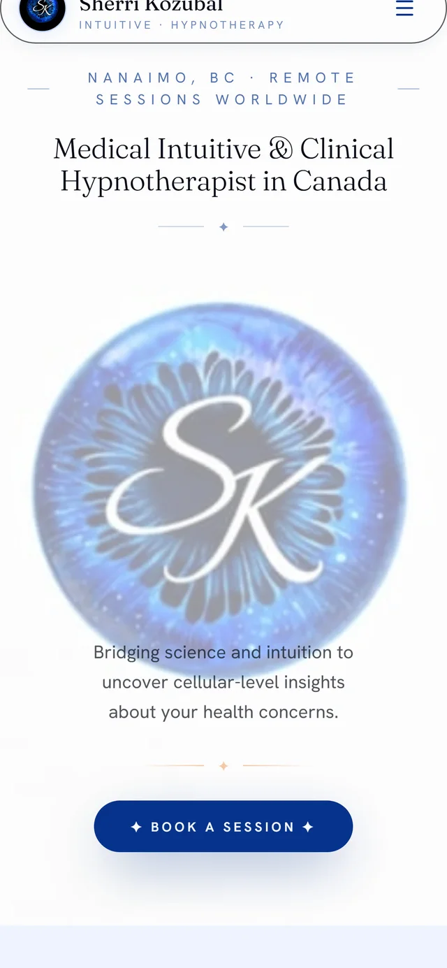 Sherri Kozubal website by VDT Sites, Clinical hypnotherapy in Nanaimo, BC, shown on a phone