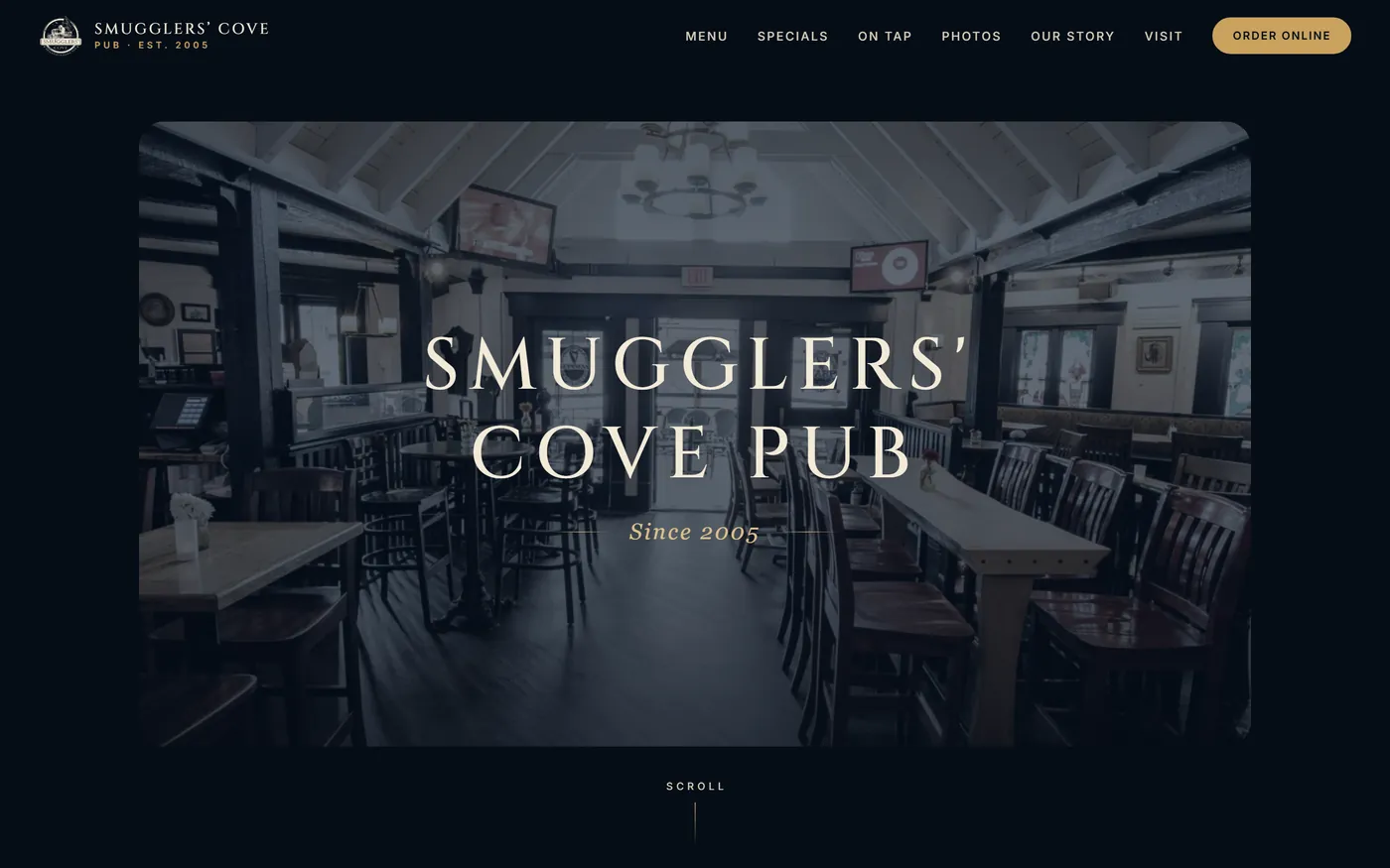 Smugglers' Cove Pub website by VDT Sites, Neighbourhood pub in Victoria, BC, shown on a desktop screen