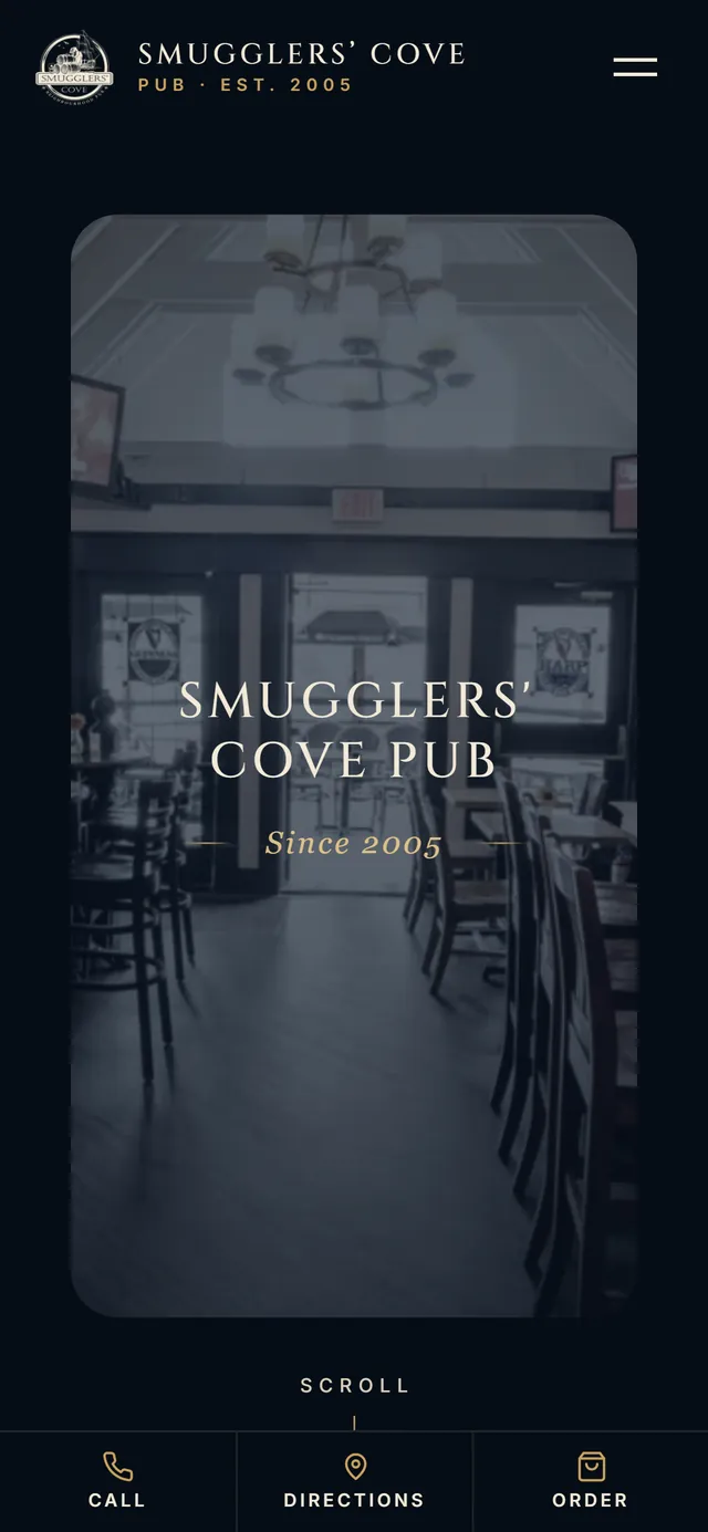 Smugglers' Cove Pub website by VDT Sites, Neighbourhood pub in Victoria, BC, shown on a phone