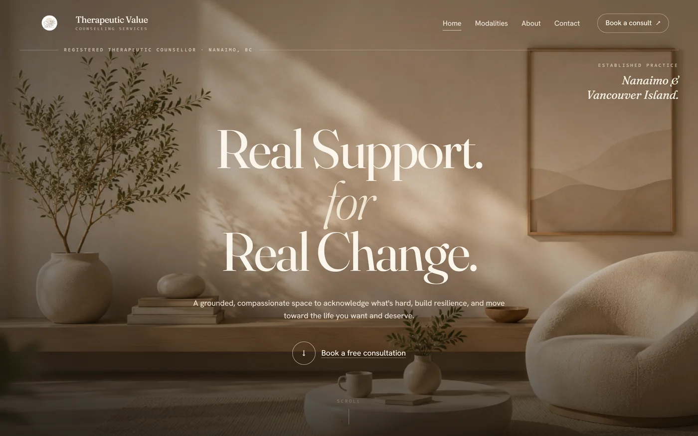 Therapeutic Value website by VDT Sites, Counselling in British Columbia, shown on a desktop screen
