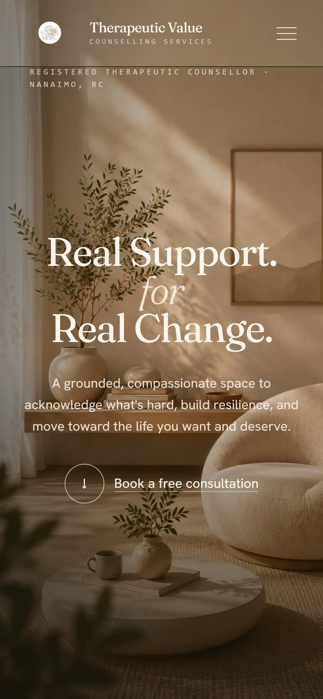 Therapeutic Value website by VDT Sites, Counselling in British Columbia, shown on a phone