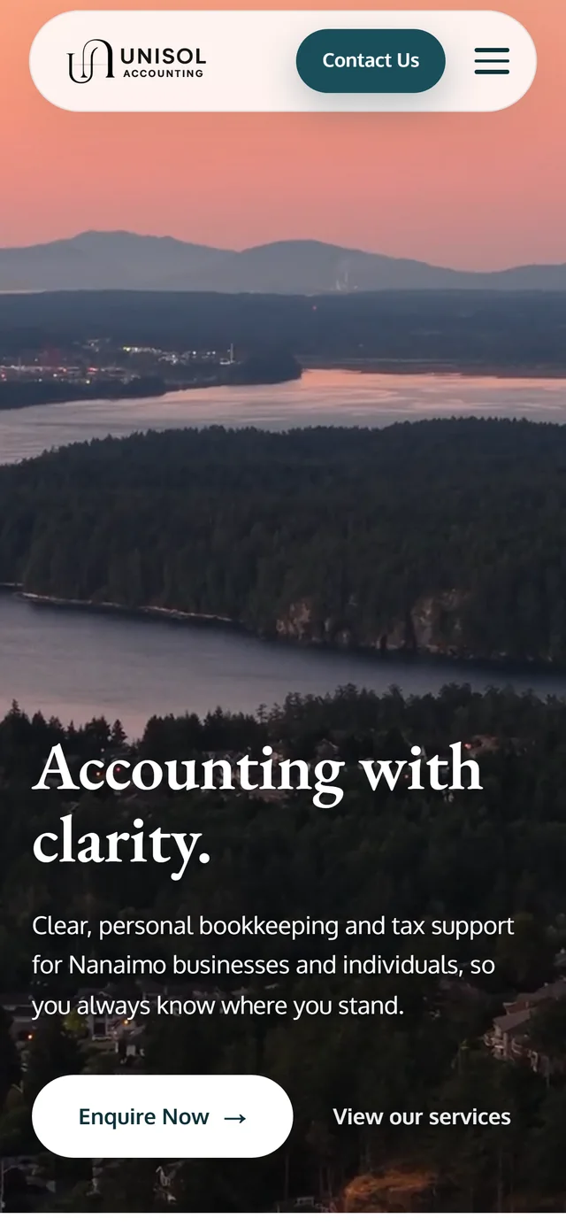 UniSol Accounting website by VDT Sites, Accounting in Nanaimo, BC, shown on a phone