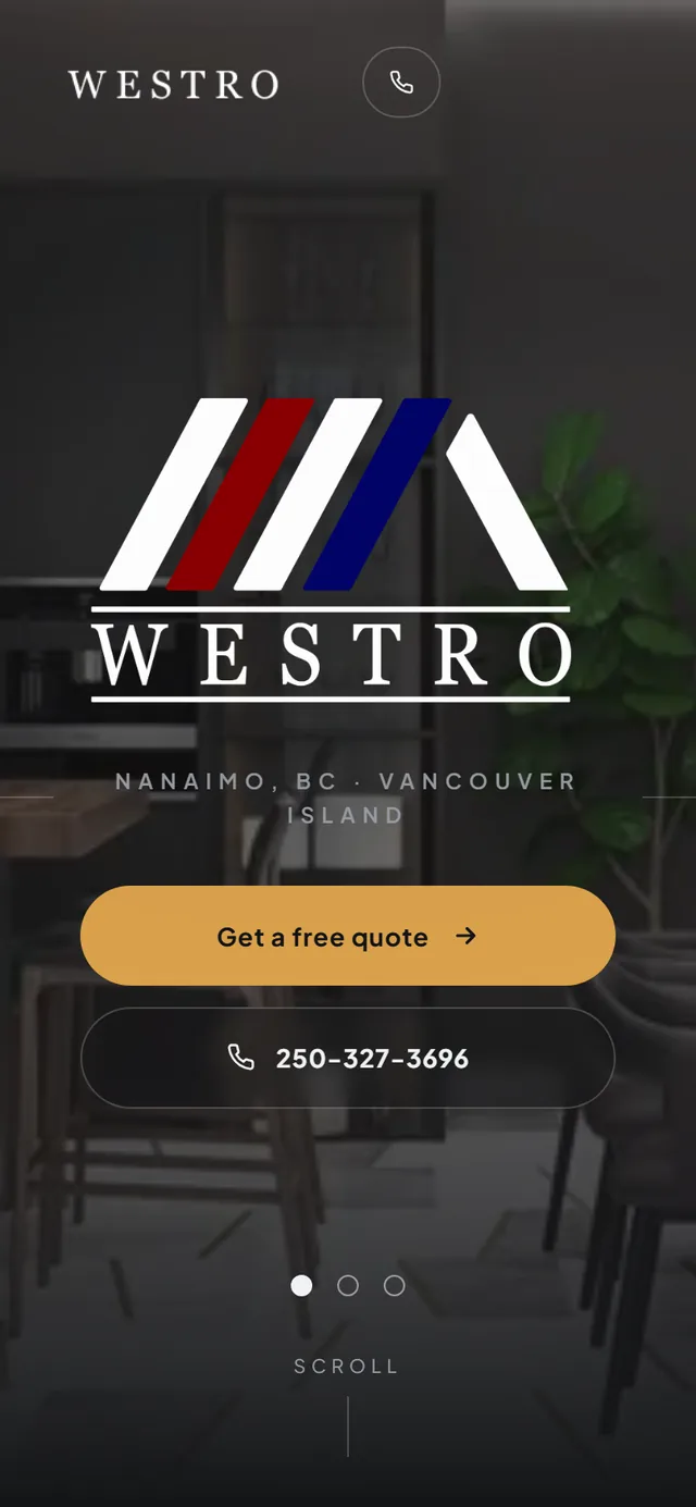 Westro Construction website by VDT Sites, Home improvement supplier in Nanaimo, BC, shown on a phone