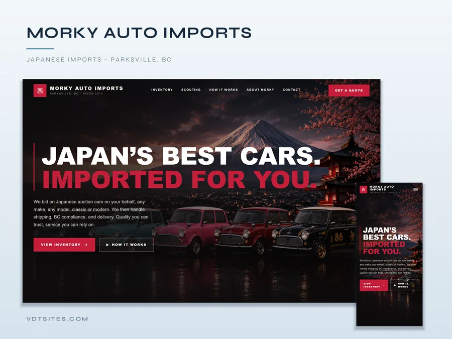 Morky Auto Imports website by VDT Sites, Japanese imports in Parksville